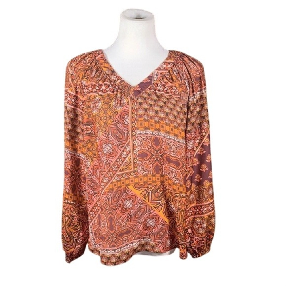 Democracy Womens Orange Geometric Patchwork V-Neck Long Sleeve Blouse‎ Size M